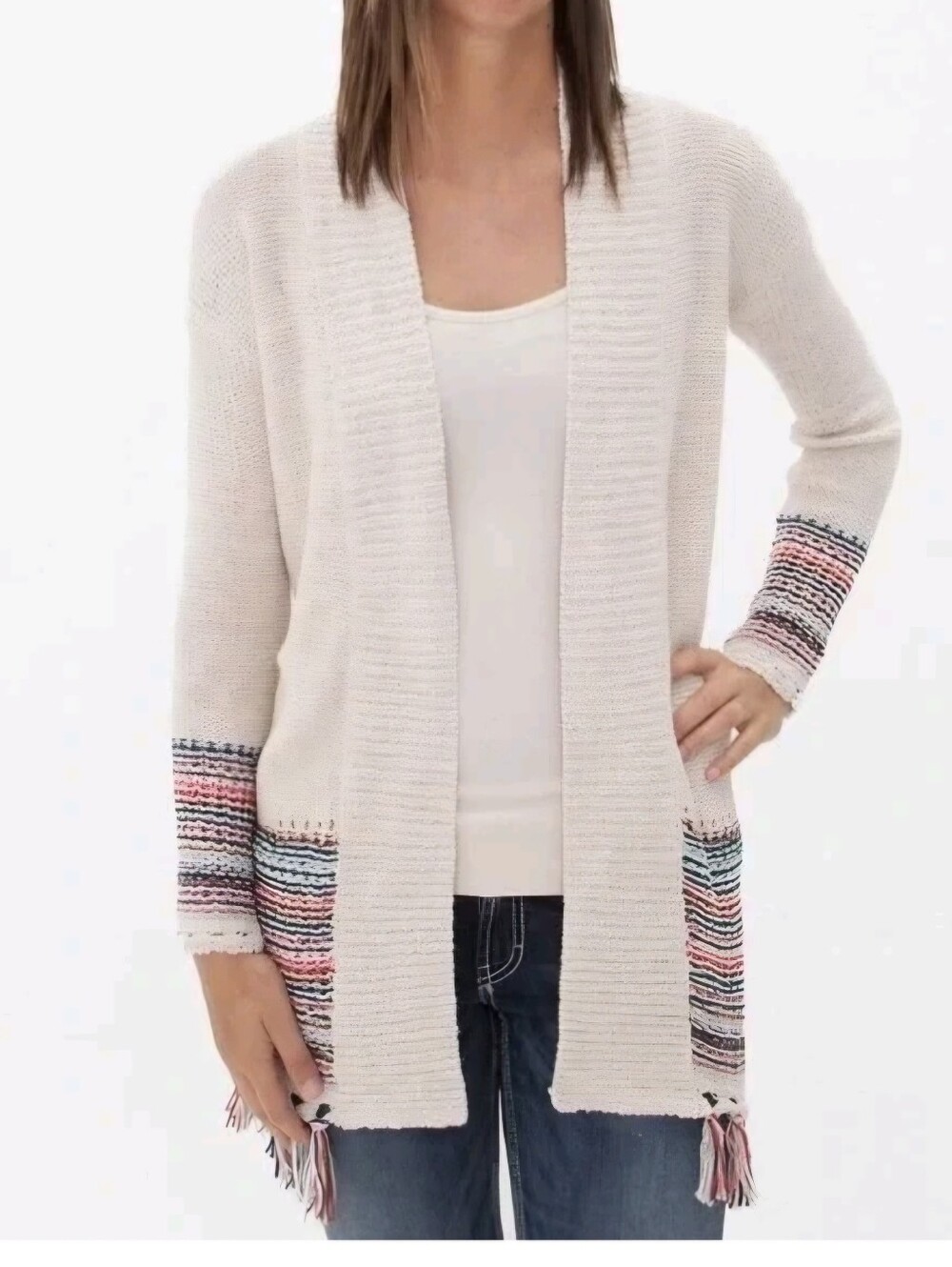 Roxy Near Future Knit Cardigan Sweater Fringe Cream Boho Large Women's Size